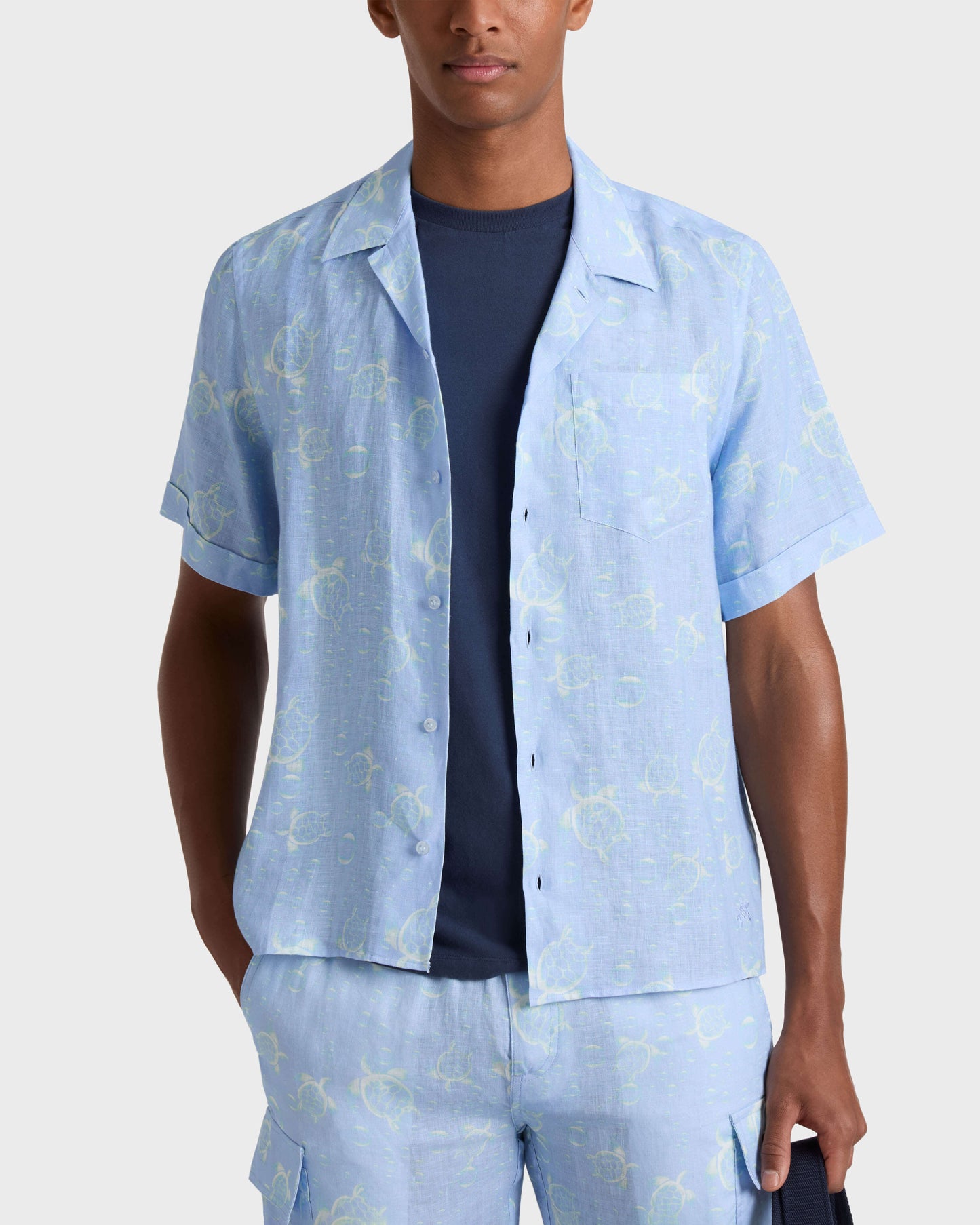 Vilebrequin Men Linen Bowling Shirt Bubble 3D - Blue Cloudy