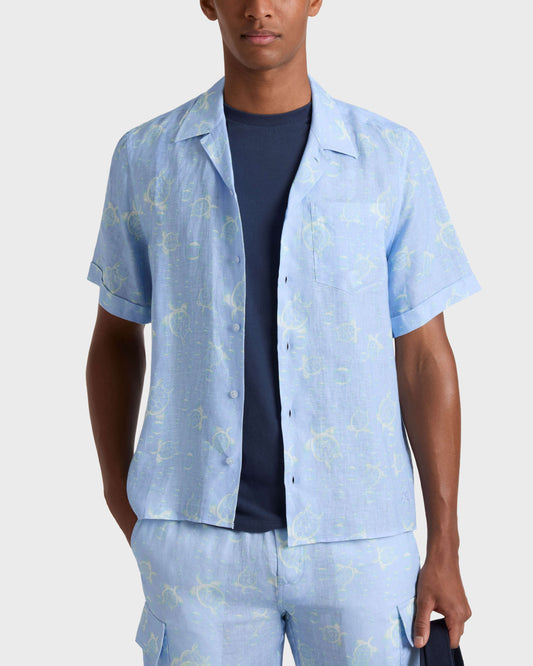 Vilebrequin Men Linen Bowling Shirt Bubble 3D - Blue Cloudy