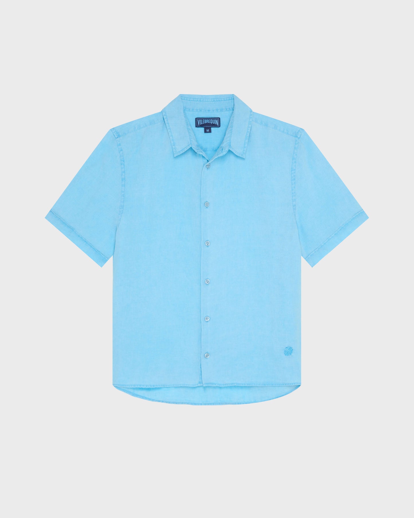 Vilebrequin Men Mineral Dye Linen Bowling Shirt - Blue Larimar