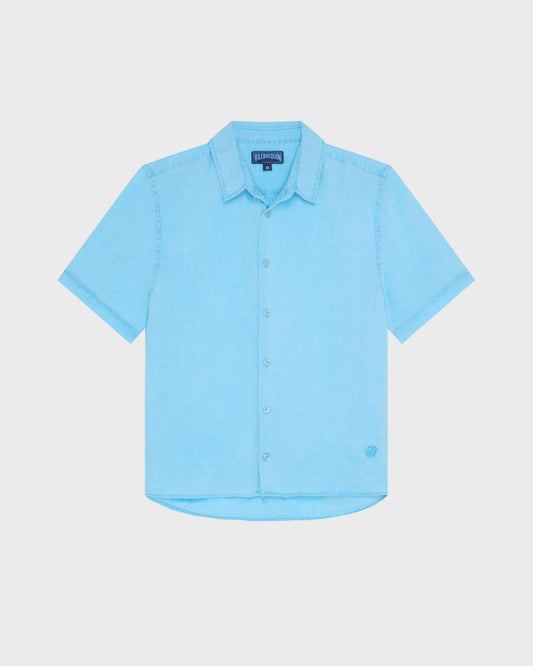 Vilebrequin Men Mineral Dye Linen Bowling Shirt - Blue Larimar