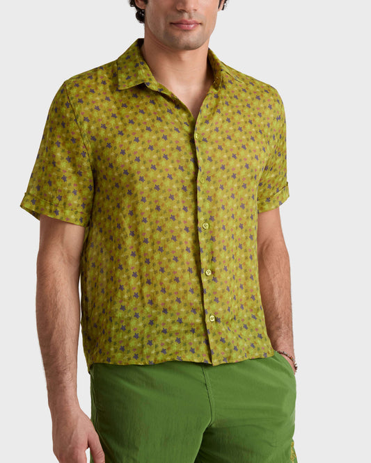 Vilebrequin Men Ramie Bowling Shirt Micro Ronde des Tortues - Green Wormwood