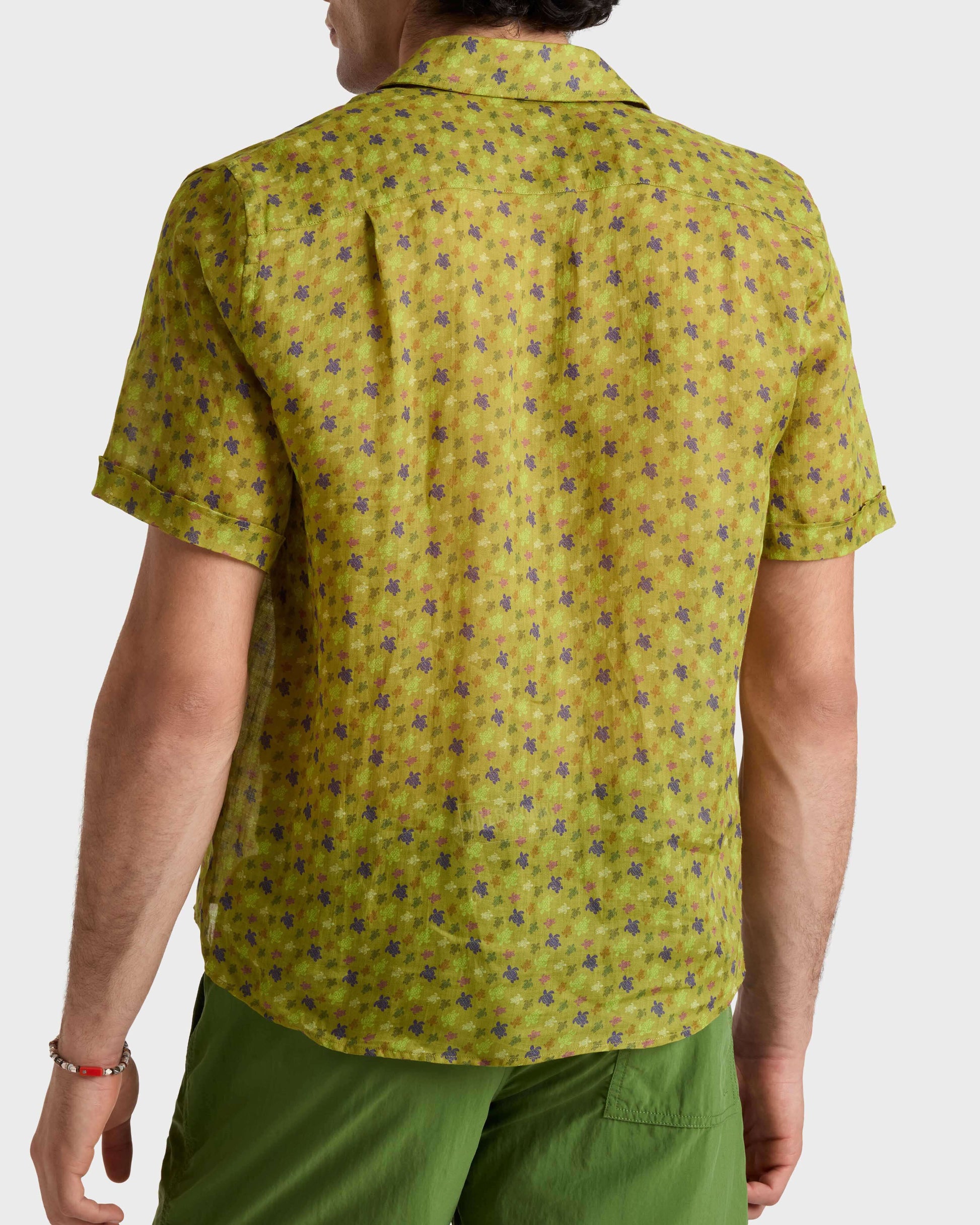 Vilebrequin Men Ramie Bowling Shirt Micro Ronde des Tortues - Green Wormwood