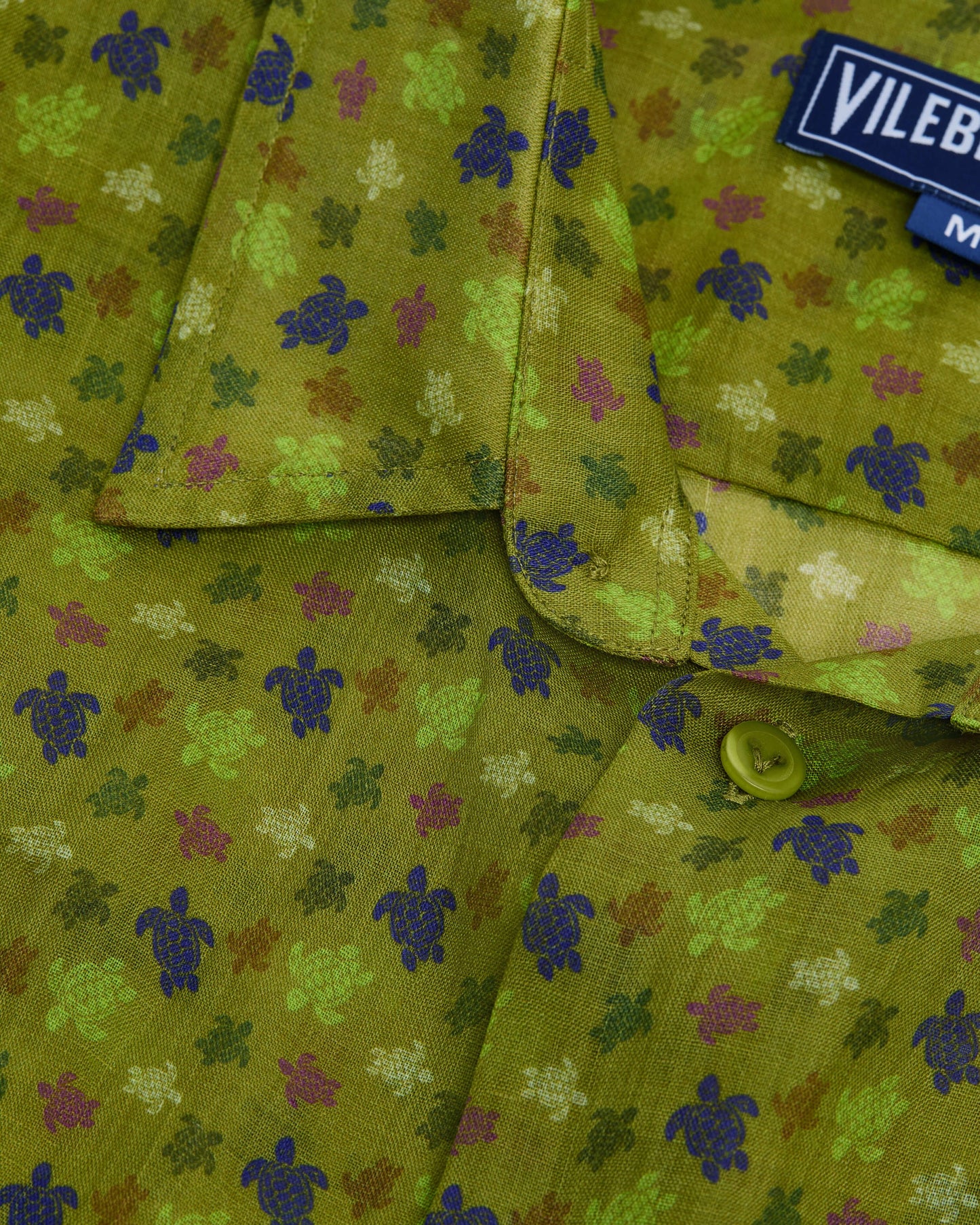 Vilebrequin Men Ramie Bowling Shirt Micro Ronde des Tortues - Green Wormwood