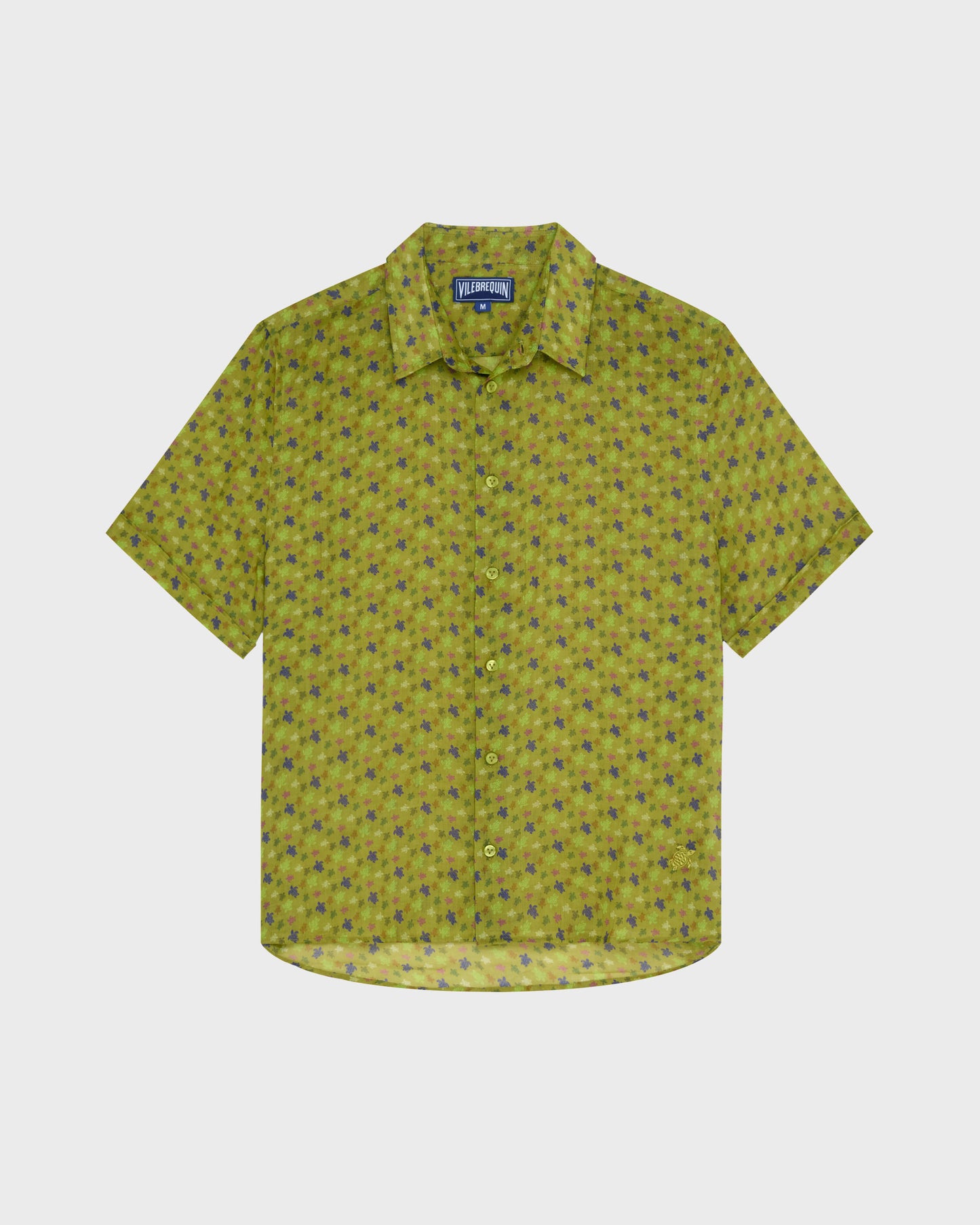 Vilebrequin Men Ramie Bowling Shirt Micro Ronde des Tortues - Green Wormwood