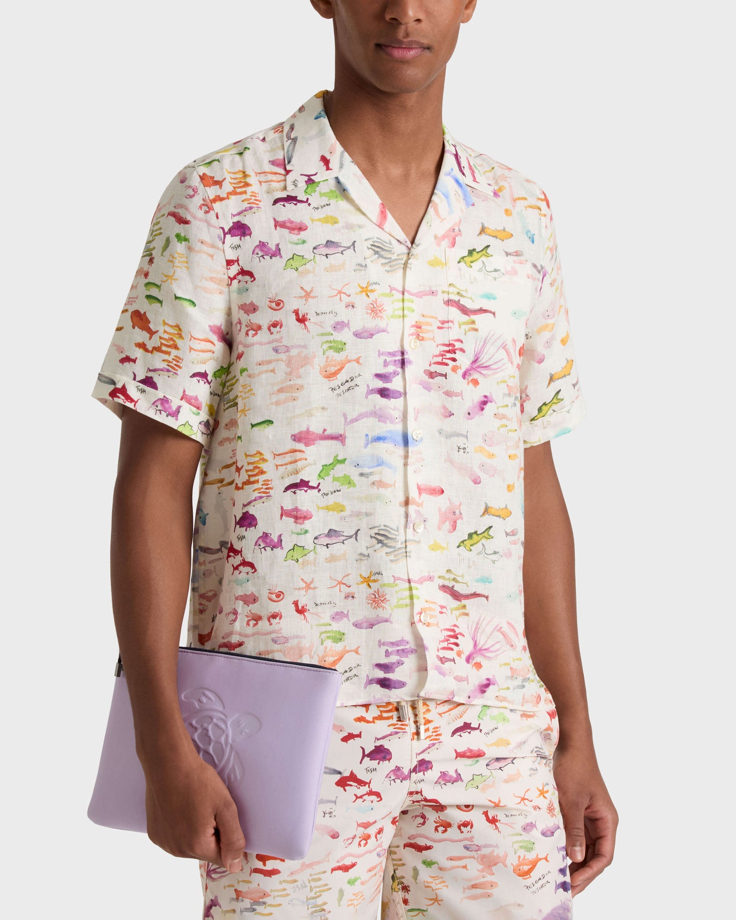 Vilebrequin Men Linen Bowling Shirt Pescador - VBQ x Fabrice Hyber - White Papier