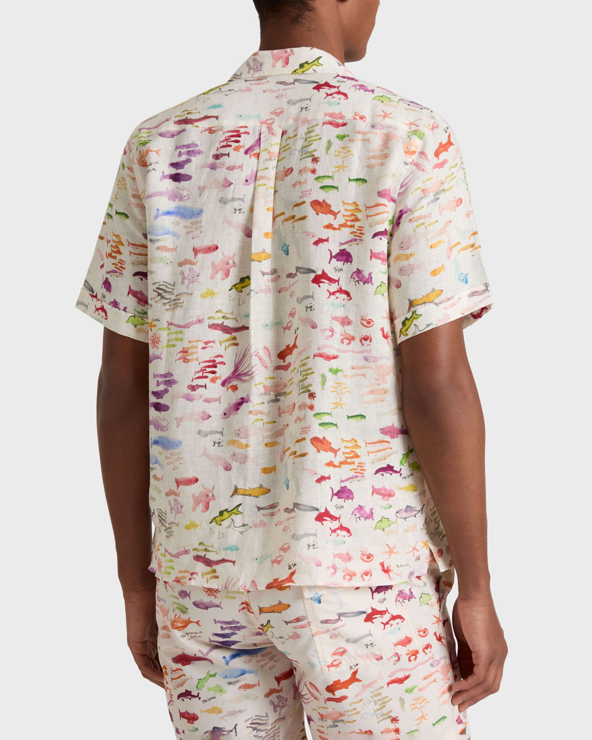 Vilebrequin Men Linen Bowling Shirt Pescador - VBQ x Fabrice Hyber - White Papier