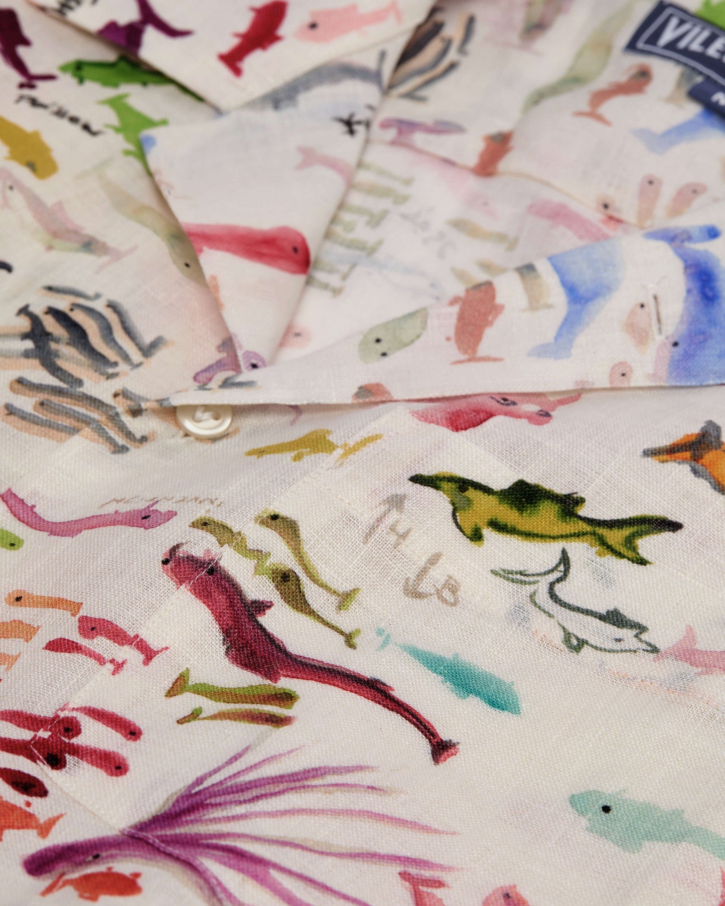 Vilebrequin Men Linen Bowling Shirt Pescador - VBQ x Fabrice Hyber - White Papier