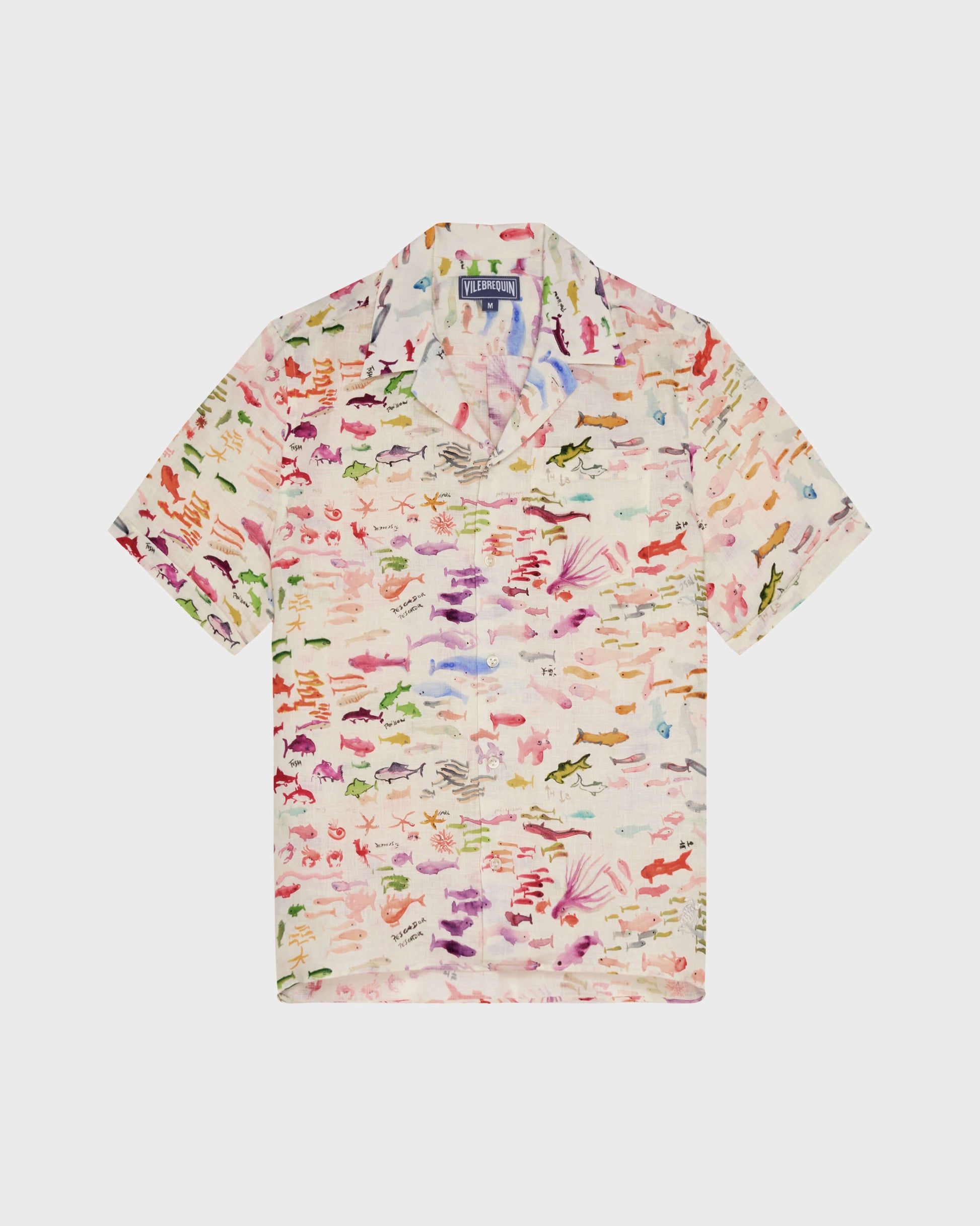 Vilebrequin Men Linen Bowling Shirt Pescador - VBQ x Fabrice Hyber - White Papier