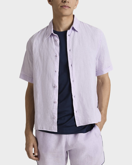 Vilebrequin Men Mineral Dye Linen Bowling Shirt - Purple Kunzite