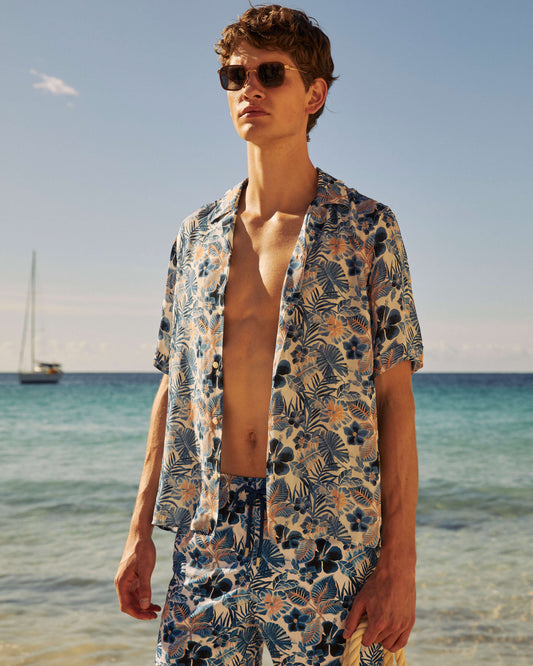 Vilebrequin Men Viscose Bowling Shirt Island Flowers - White