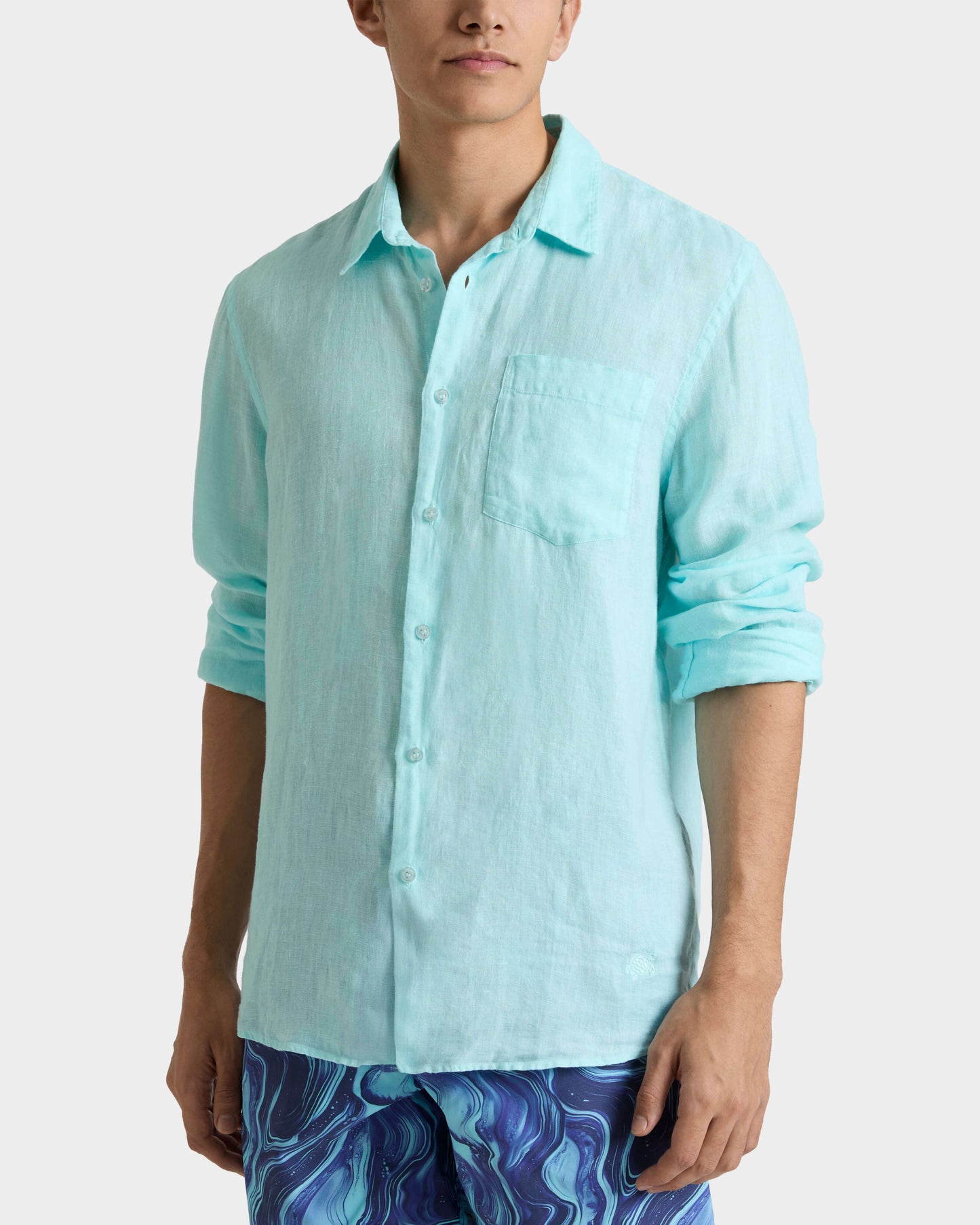 Vilebrequin Men Linen Shirt Solid - Blue Oxygene