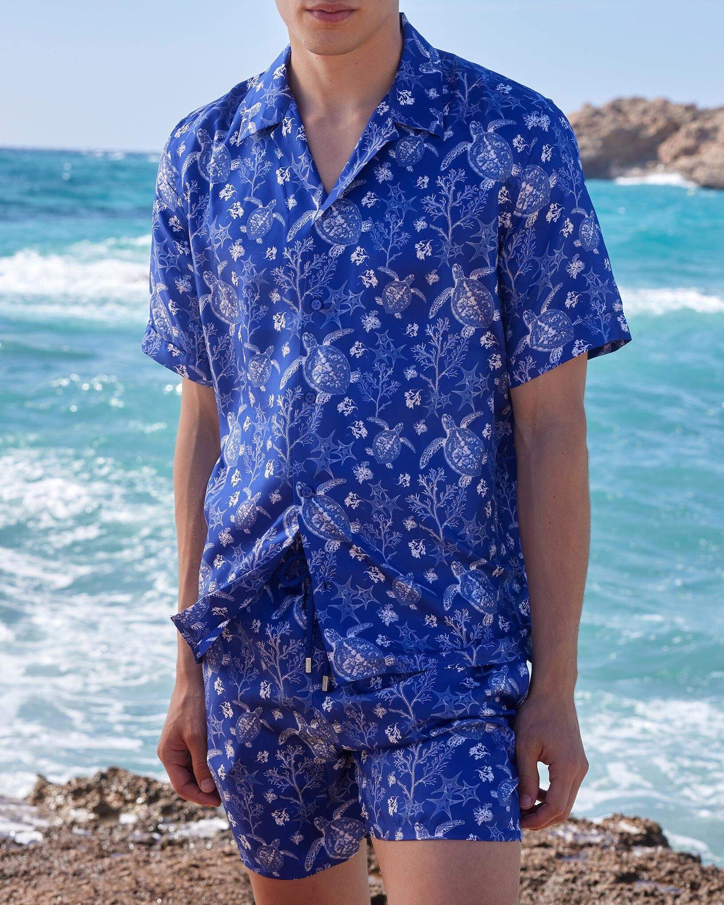 Vilebrequin Men Silk Bowling Shirt X-Ray Turtles - Blue Marrakech