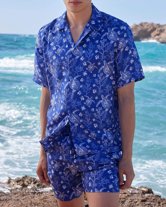 Vilebrequin Men Silk Bowling Shirt X-Ray Turtles - Blue Marrakech