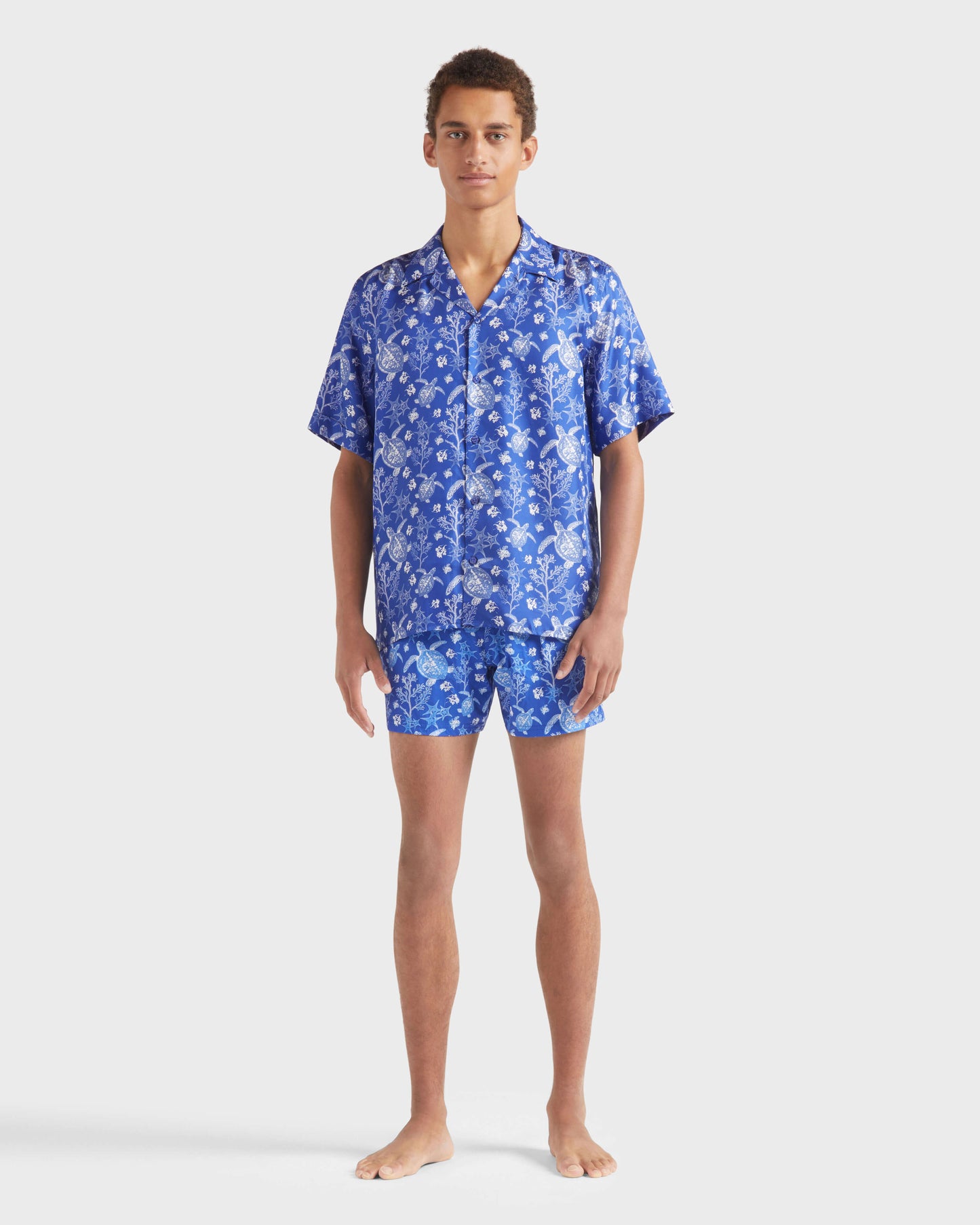 Vilebrequin Men Silk Bowling Shirt X-Ray Turtles - Blue Marrakech