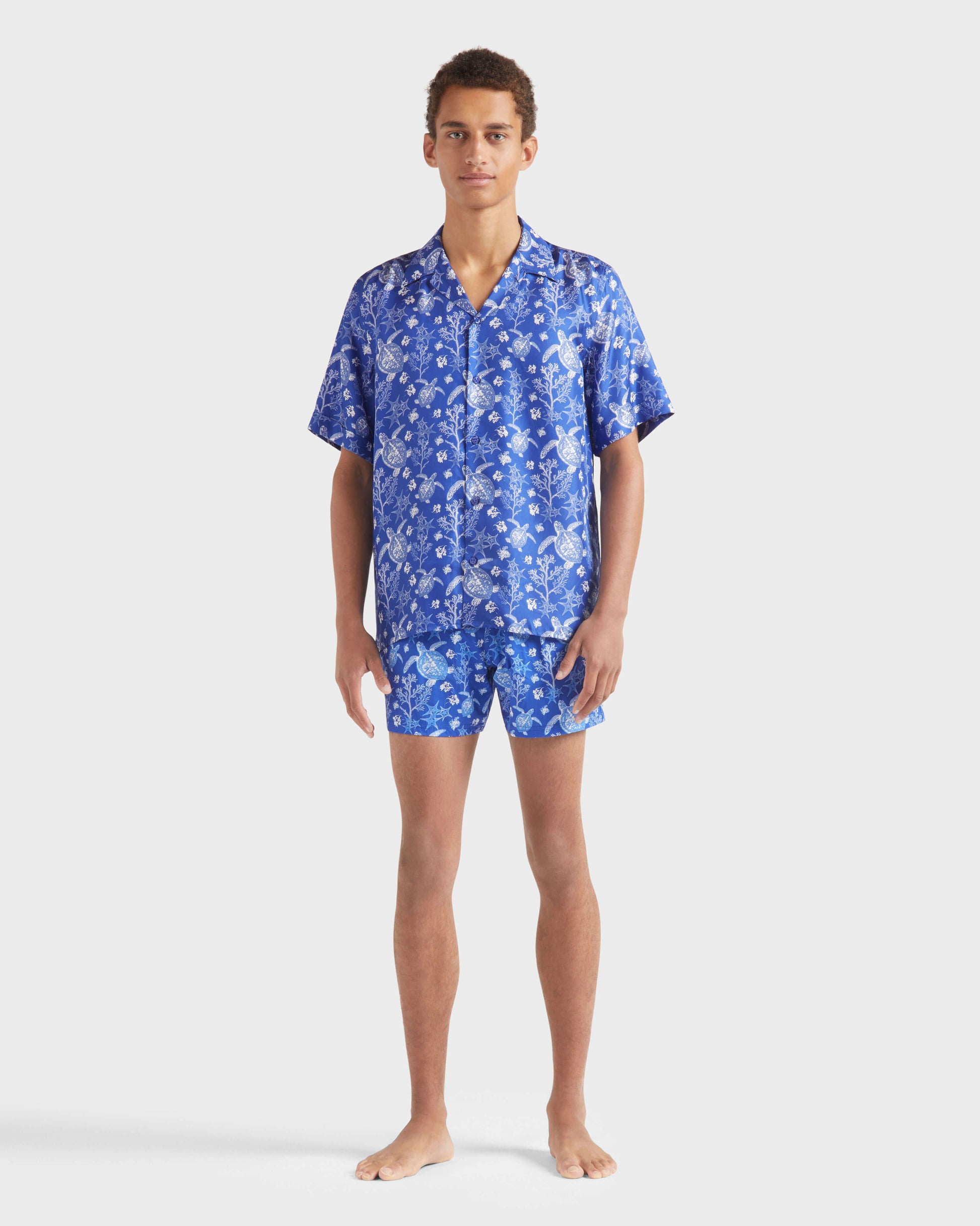 Vilebrequin Men Silk Bowling Shirt X-Ray Turtles - Blue Marrakech