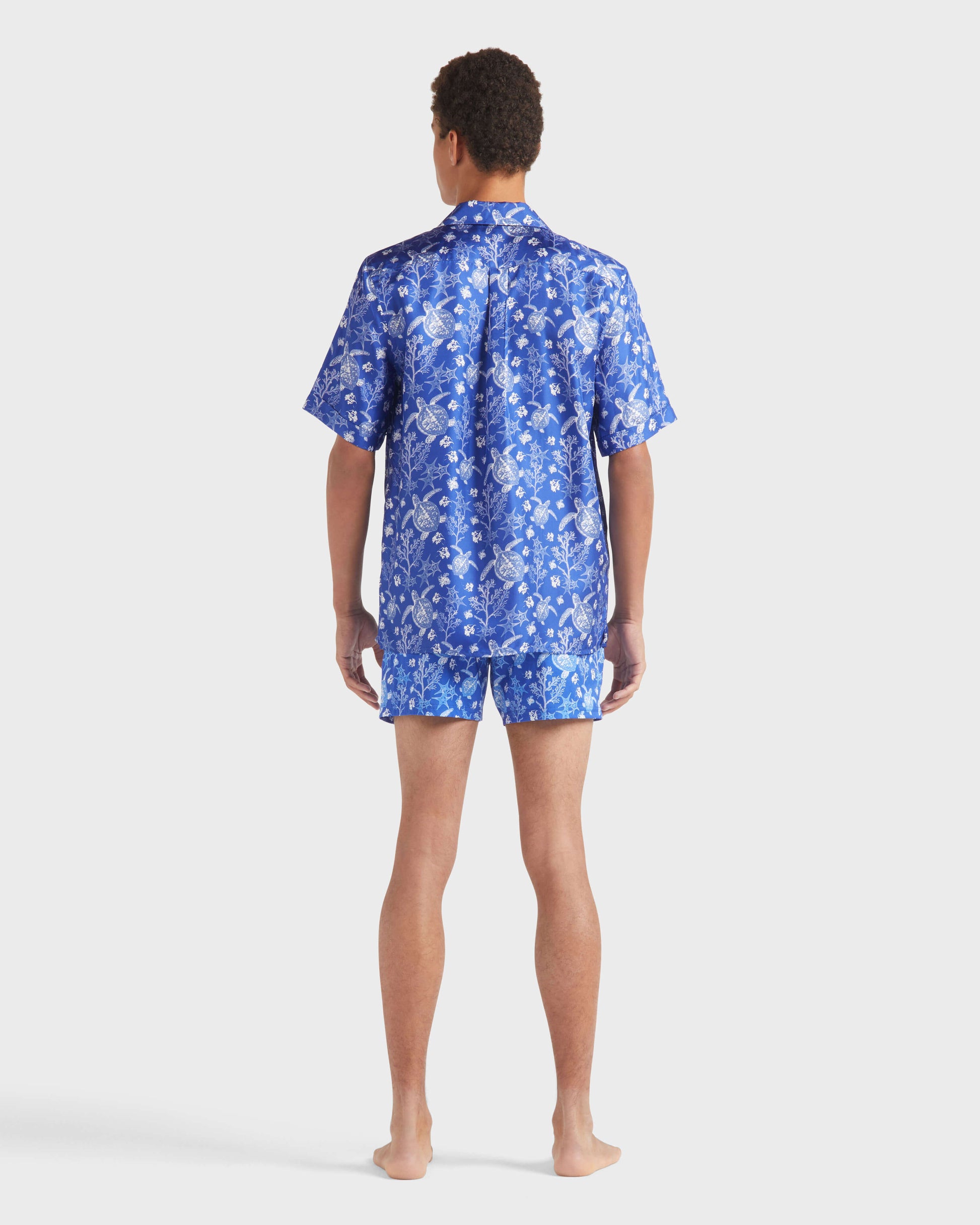Vilebrequin Men Silk Bowling Shirt X-Ray Turtles - Blue Marrakech