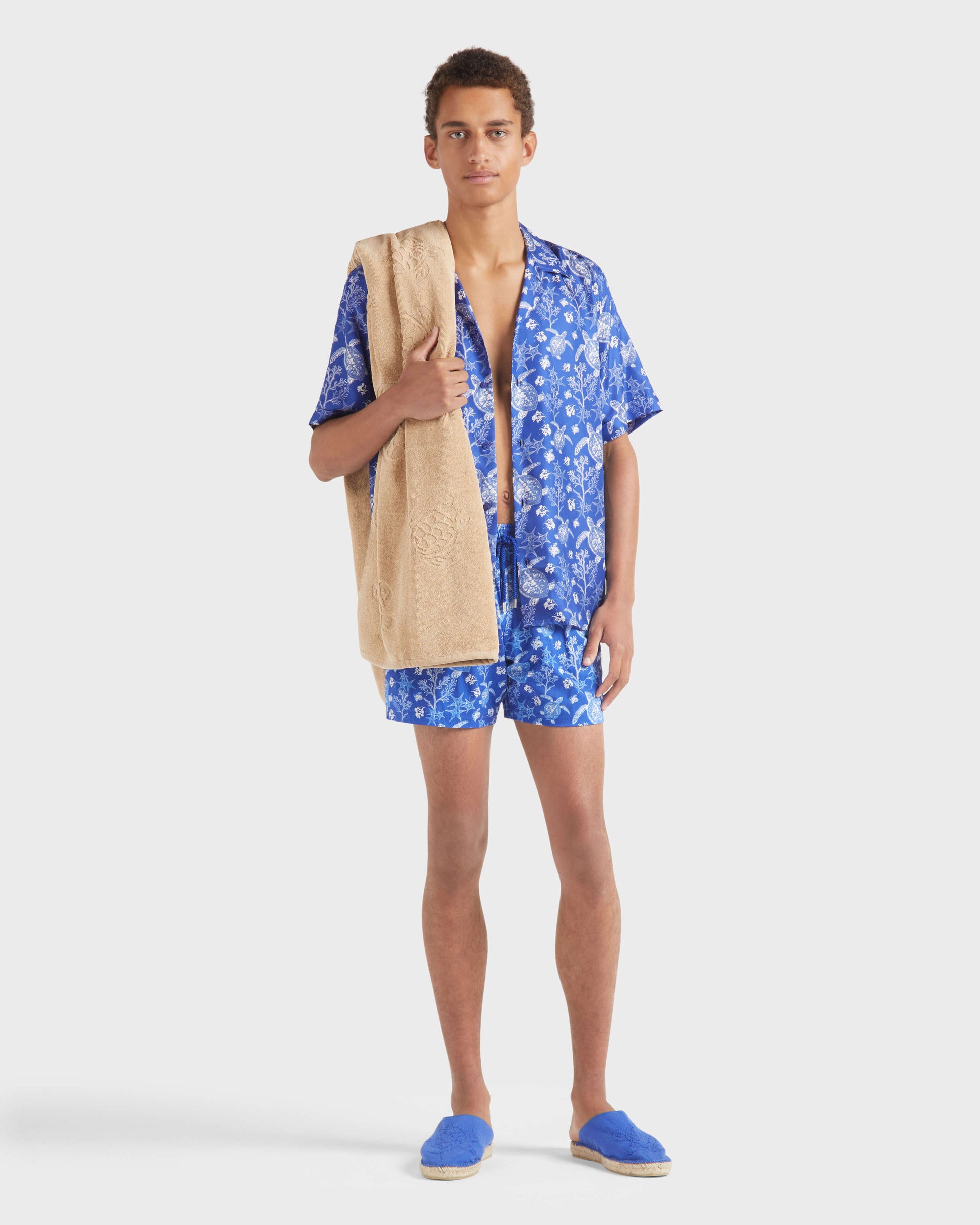 Vilebrequin Men Silk Bowling Shirt X-Ray Turtles - Blue Marrakech