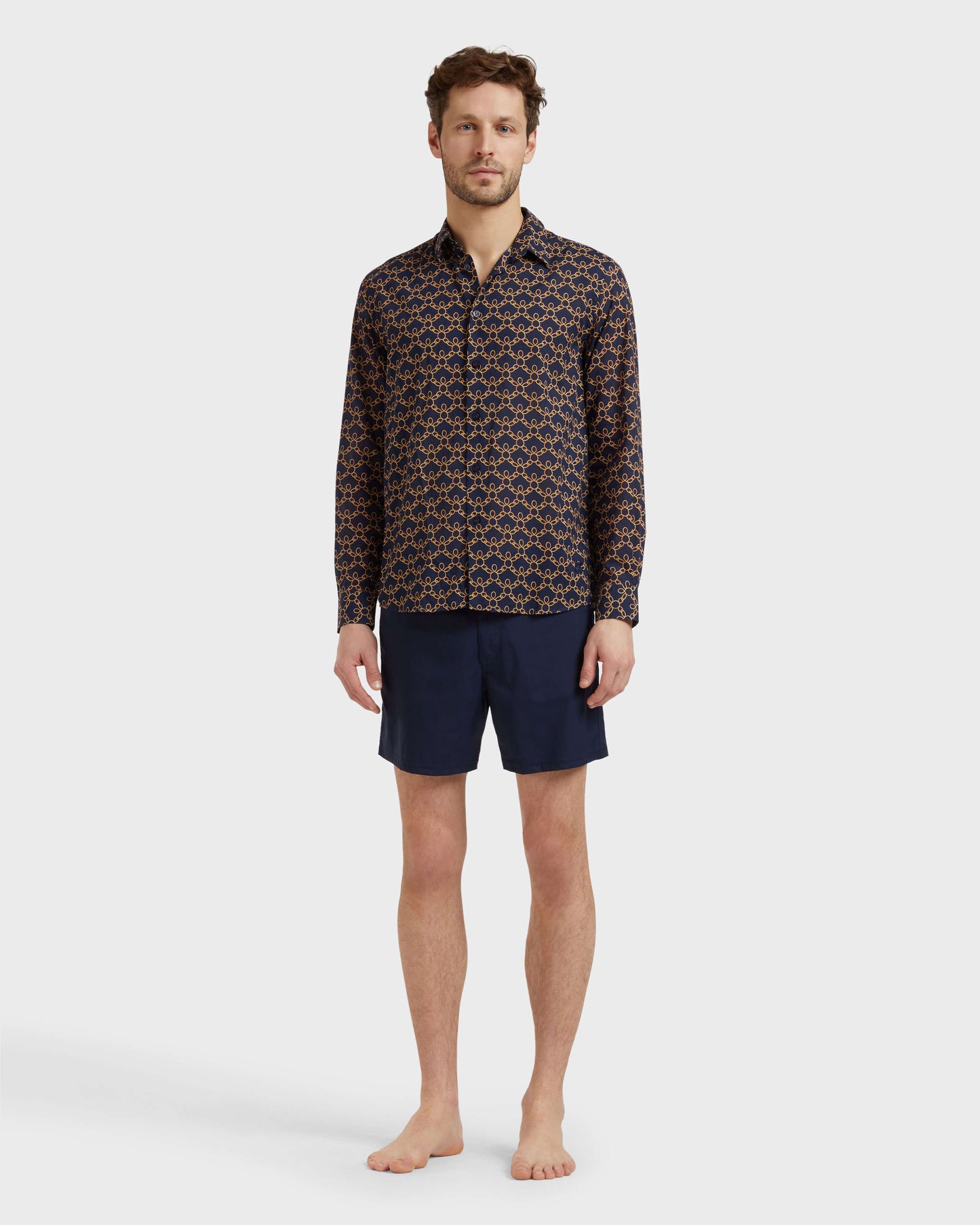 Vilebrequin Men Cotton Voile Shirt Turtles Chains - Blue Navy