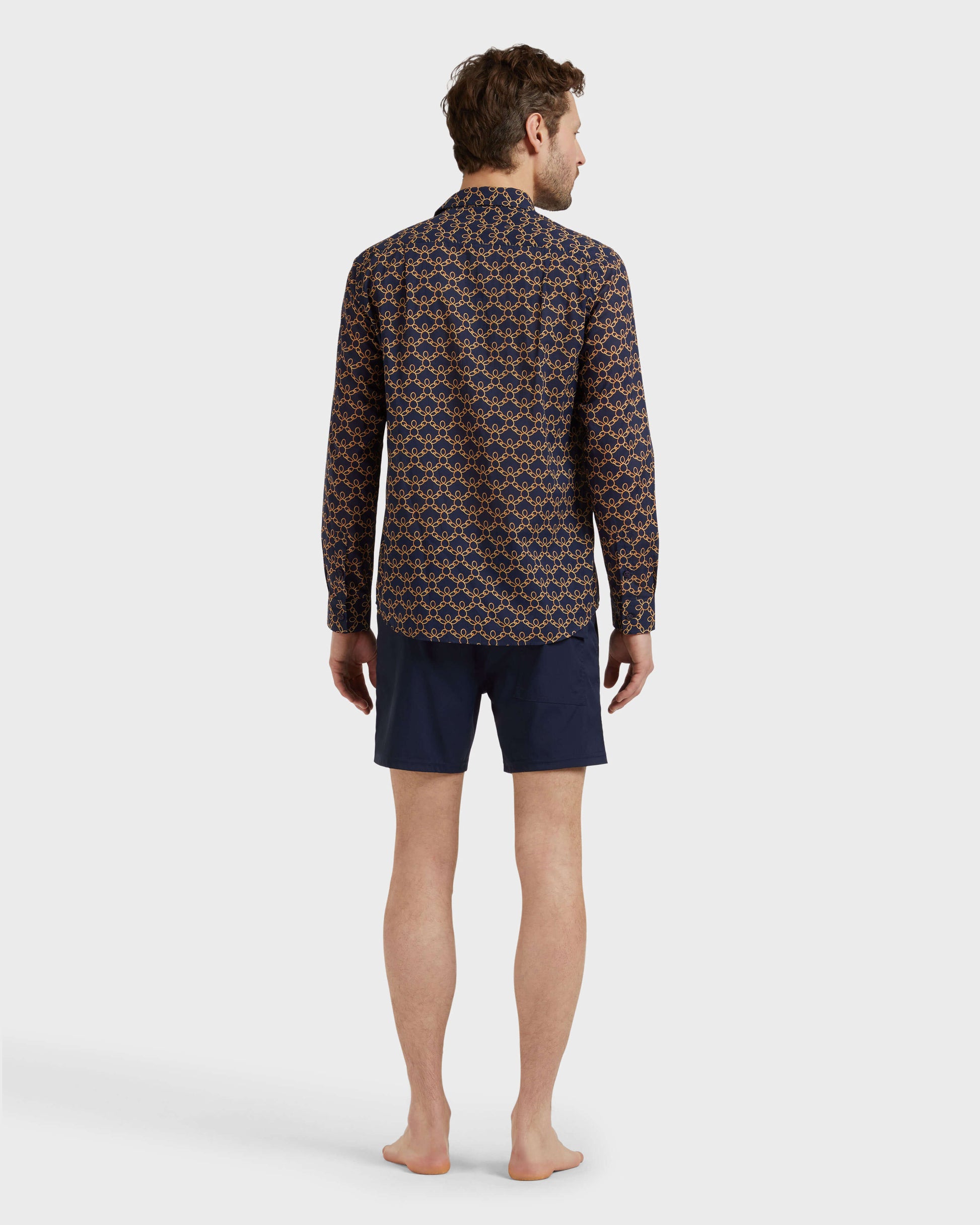 Vilebrequin Men Cotton Voile Shirt Turtles Chains - Blue Navy