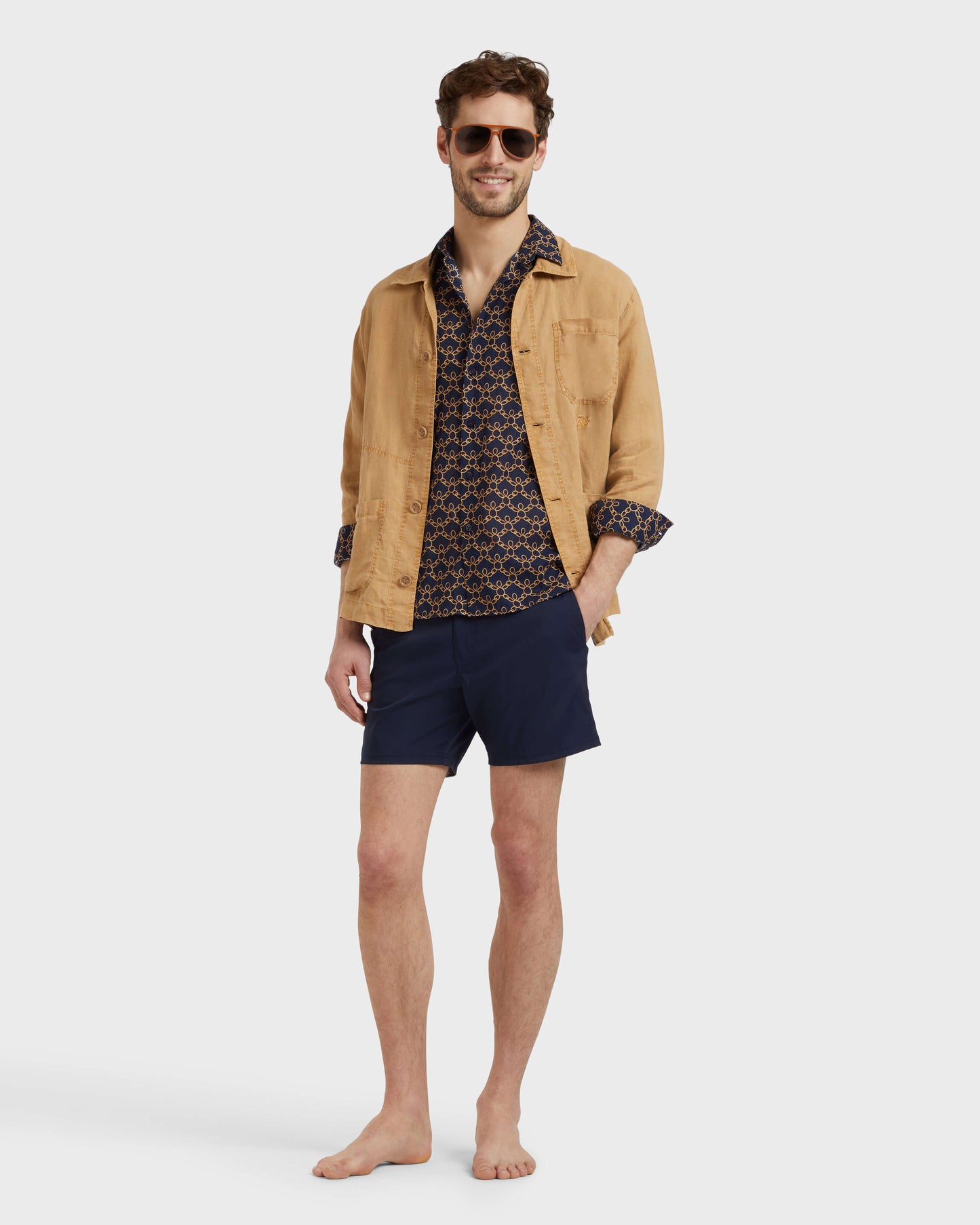 Vilebrequin Men Cotton Voile Shirt Turtles Chains - Blue Navy