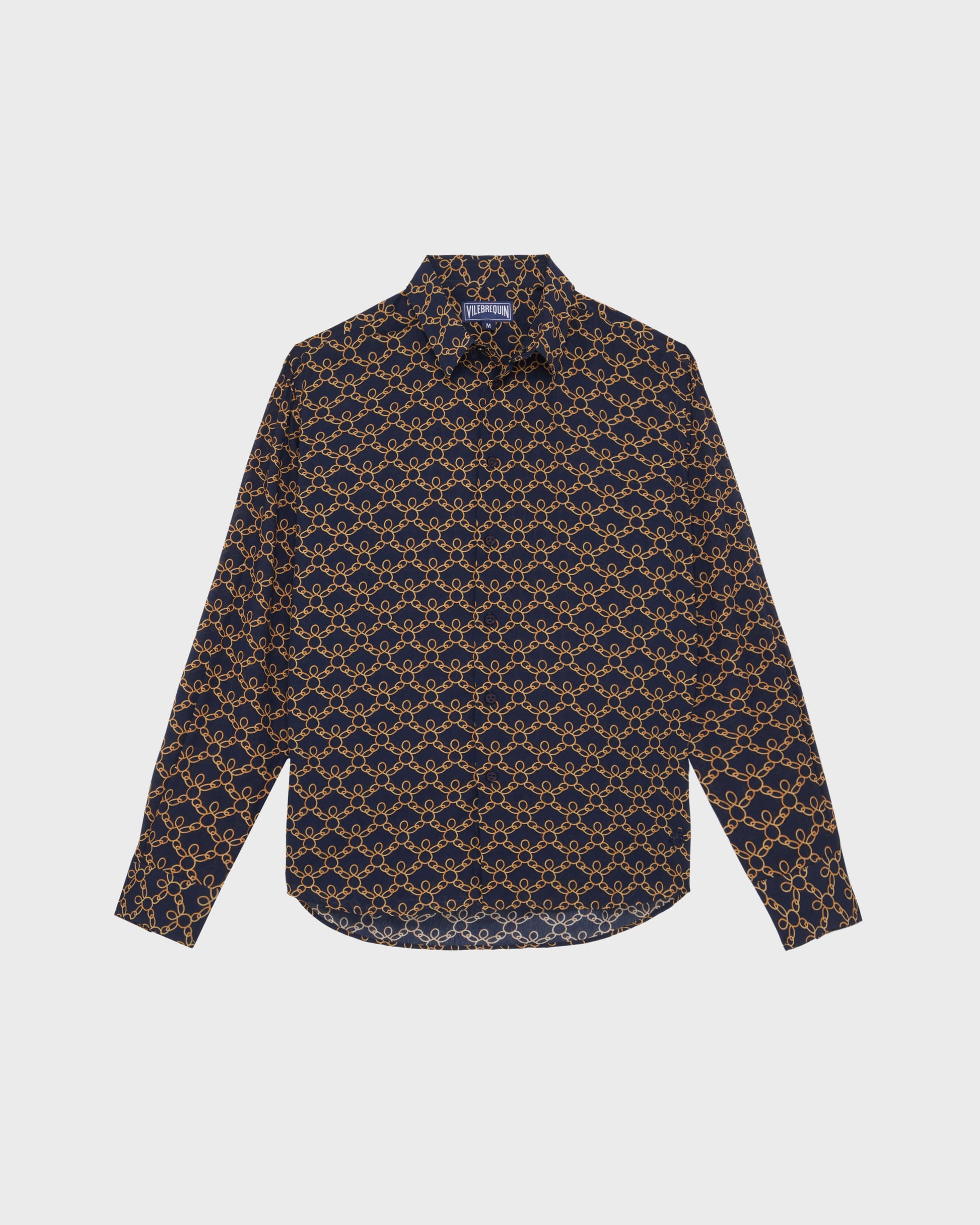 Vilebrequin Men Cotton Voile Shirt Turtles Chains - Blue Navy