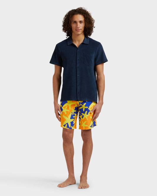 Vilebrequin Men Cotton Bowling Shirt Solid - Blue Navy Shirt
