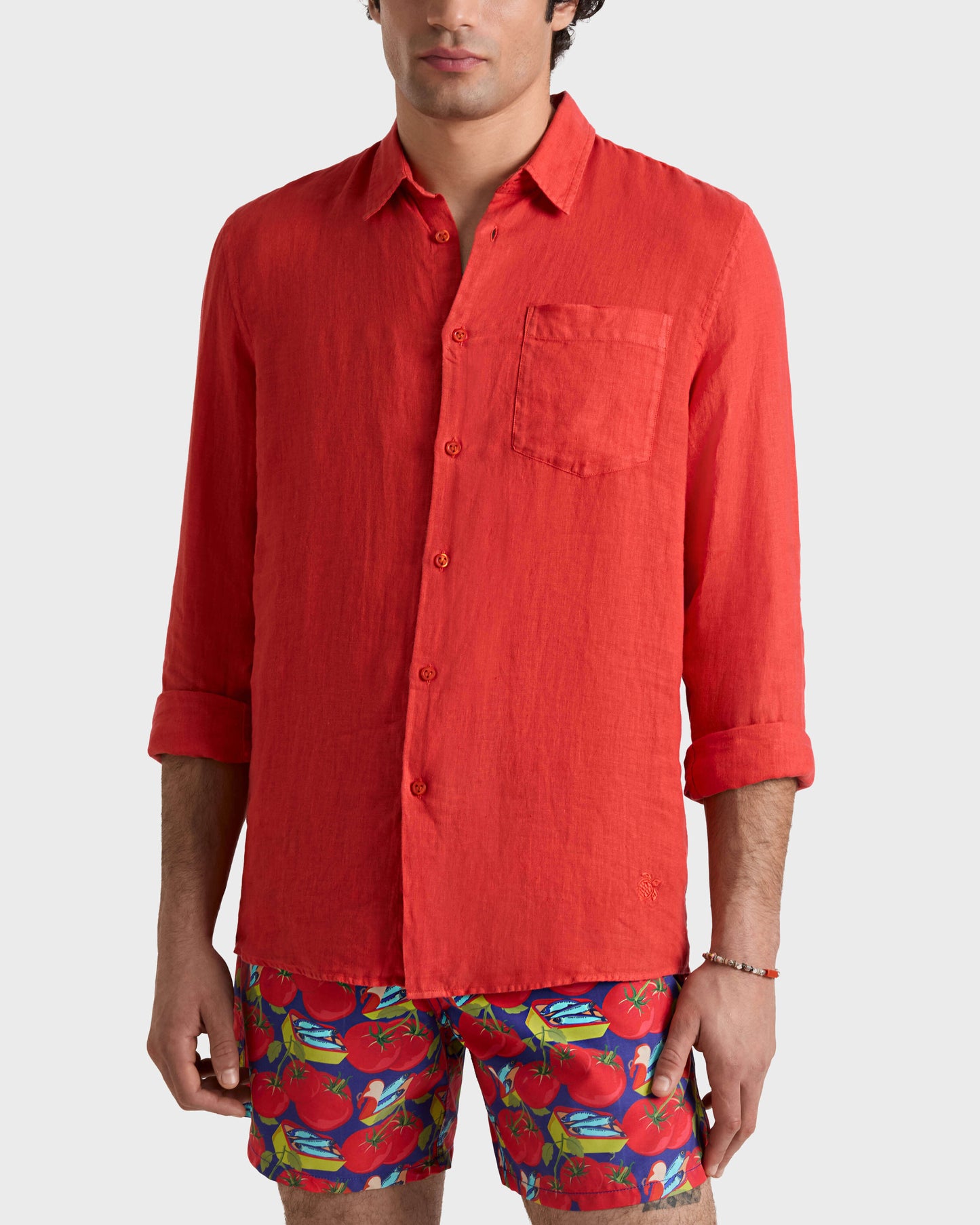 Vilebrequin Men Linen Shirt Solid - Red Dalia