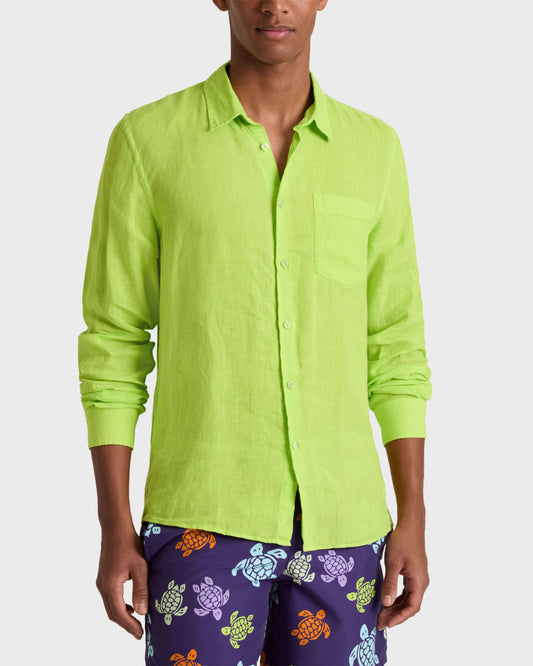 Vilebrequin Men Linen Shirt Solid - Green Acide