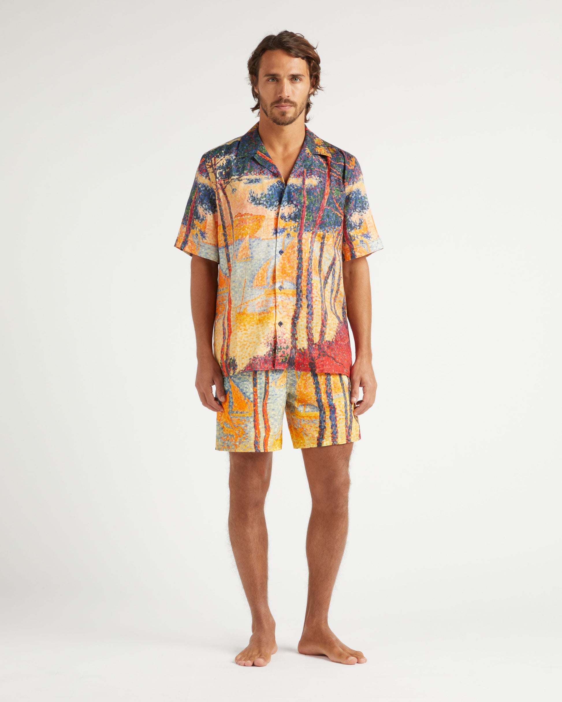 Vilebrequin Men Linen Bowling Shirt Voiles de Pin - Yellow Corn
