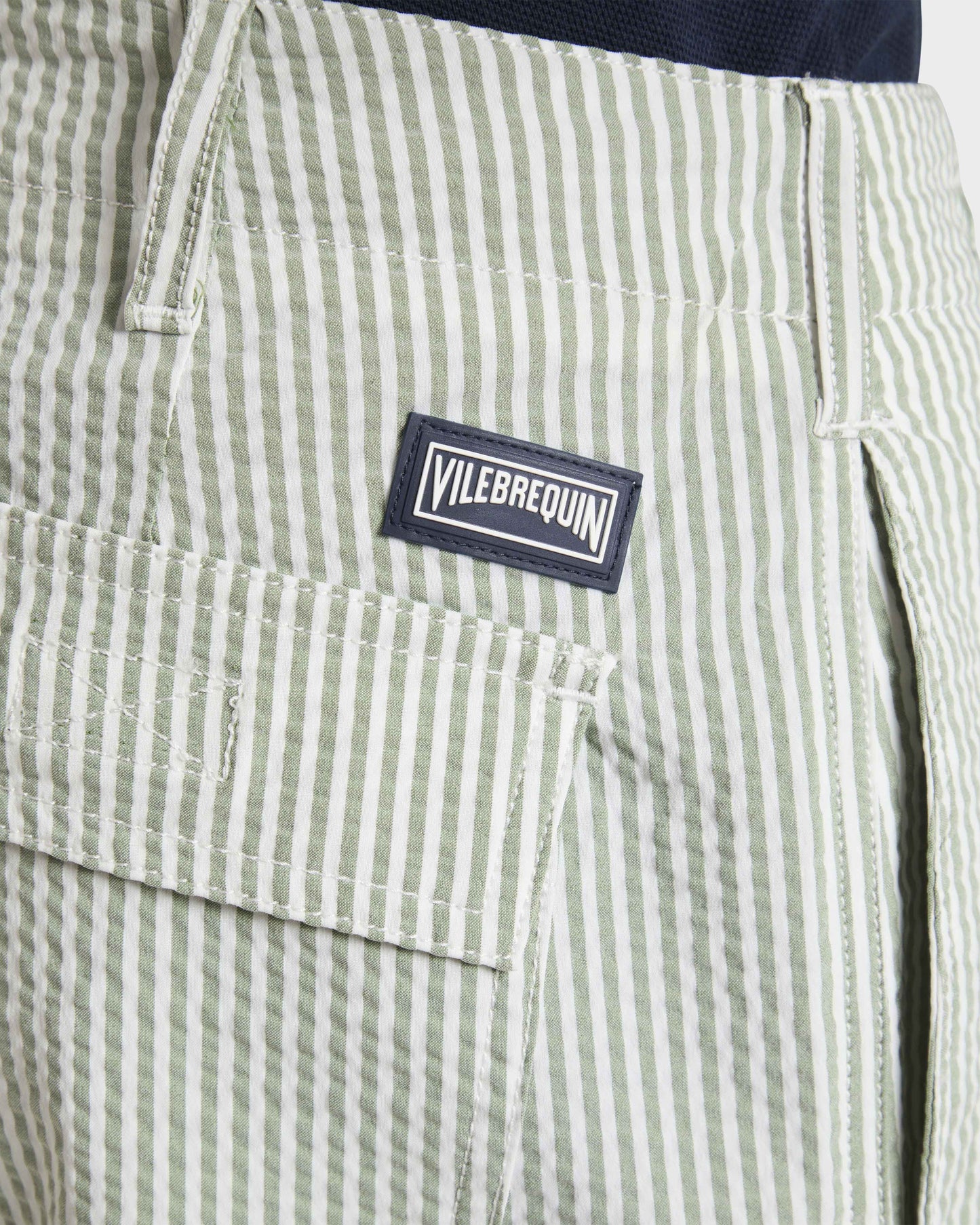 Vilebrequin Men Stretch Cotton Bermuda Shorts Seersuckers Stripes - Green Khaki