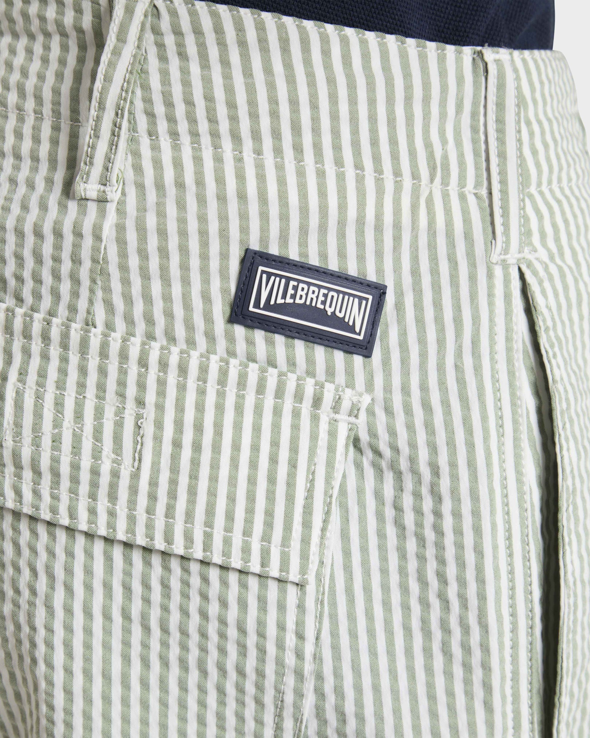Vilebrequin Men Stretch Cotton Bermuda Shorts Seersuckers Stripes - Green Khaki