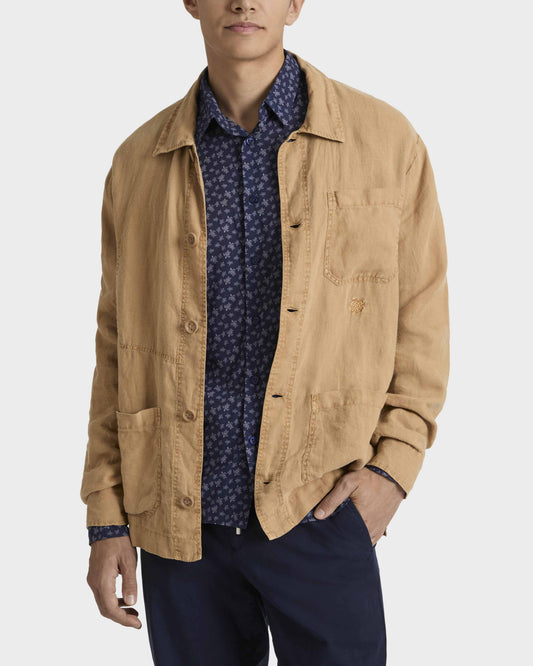 Vilebrequin Men Linen Overshirt Mineral Dye Color - Brown Mocha