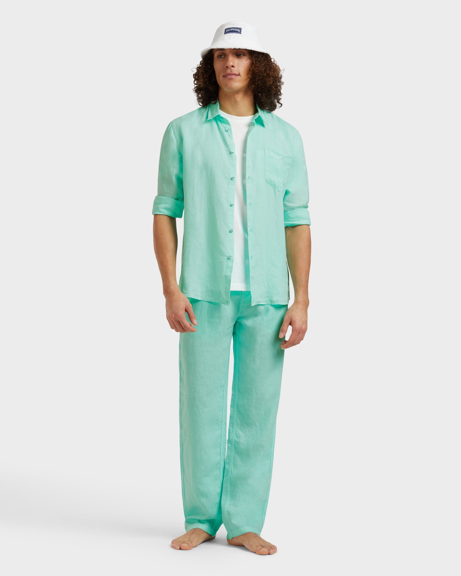 Vilebrequin Men Linen Pants Solid - Green Caribbean