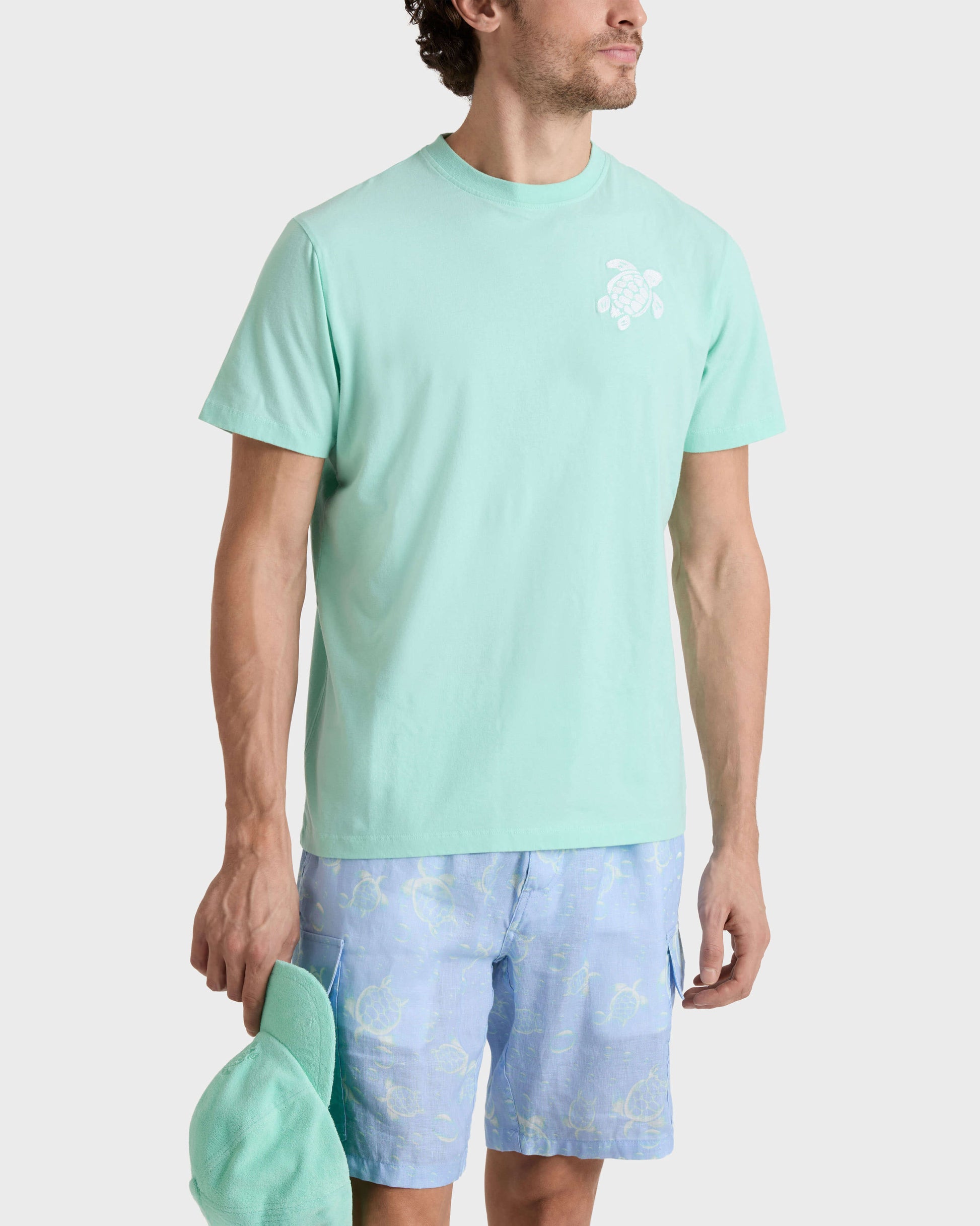 Vilebrequin Men Organic Cotton T-shirt Big Turtle Embroidery - Green Caribbean