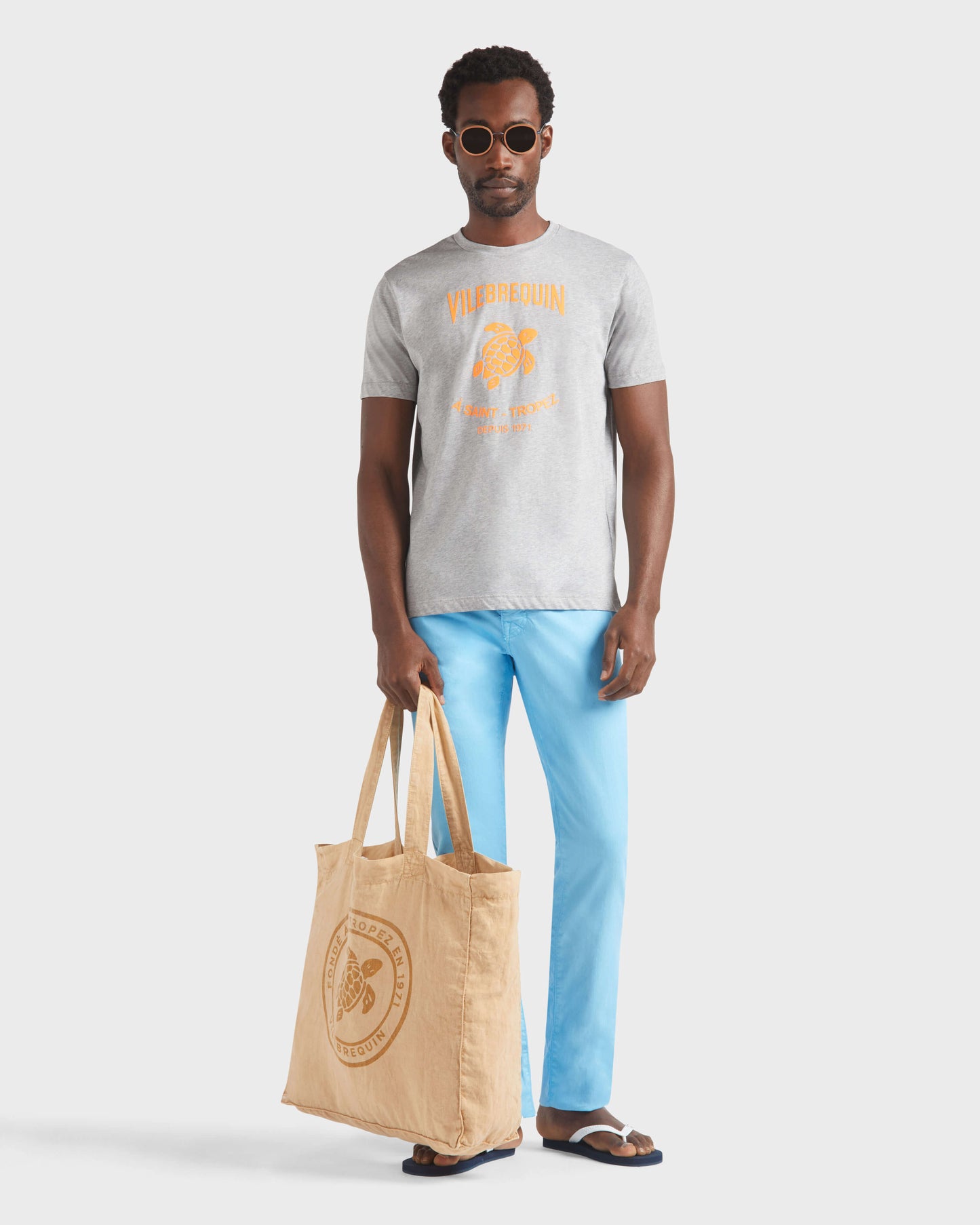 Vilebrequin Men Cotton T-shirt Contrasted Placed Gomy Logo - Heather grey