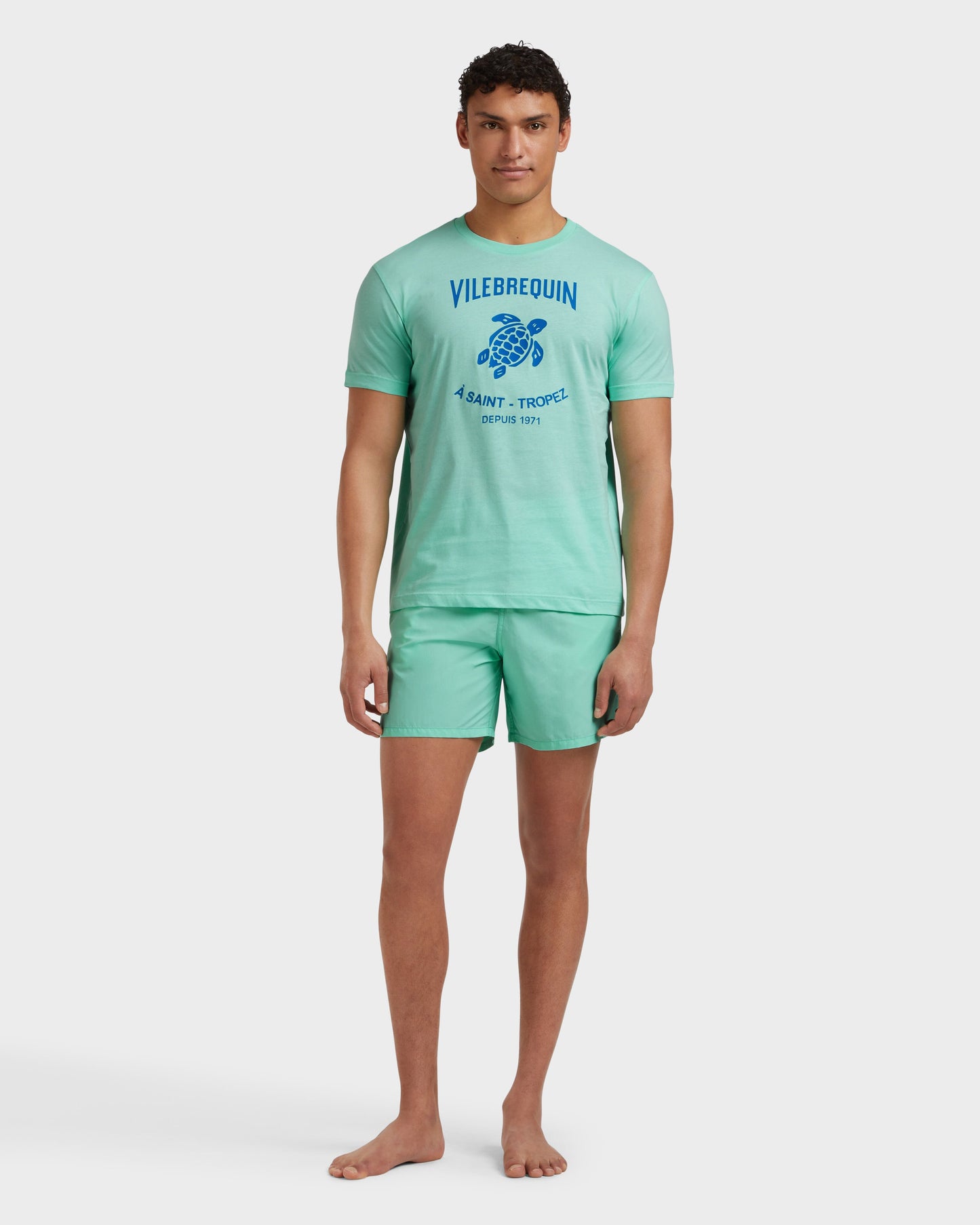 Vilebrequin Men Cotton T-shirt Contrasted Placed Gomy Logo - Green Caribbean