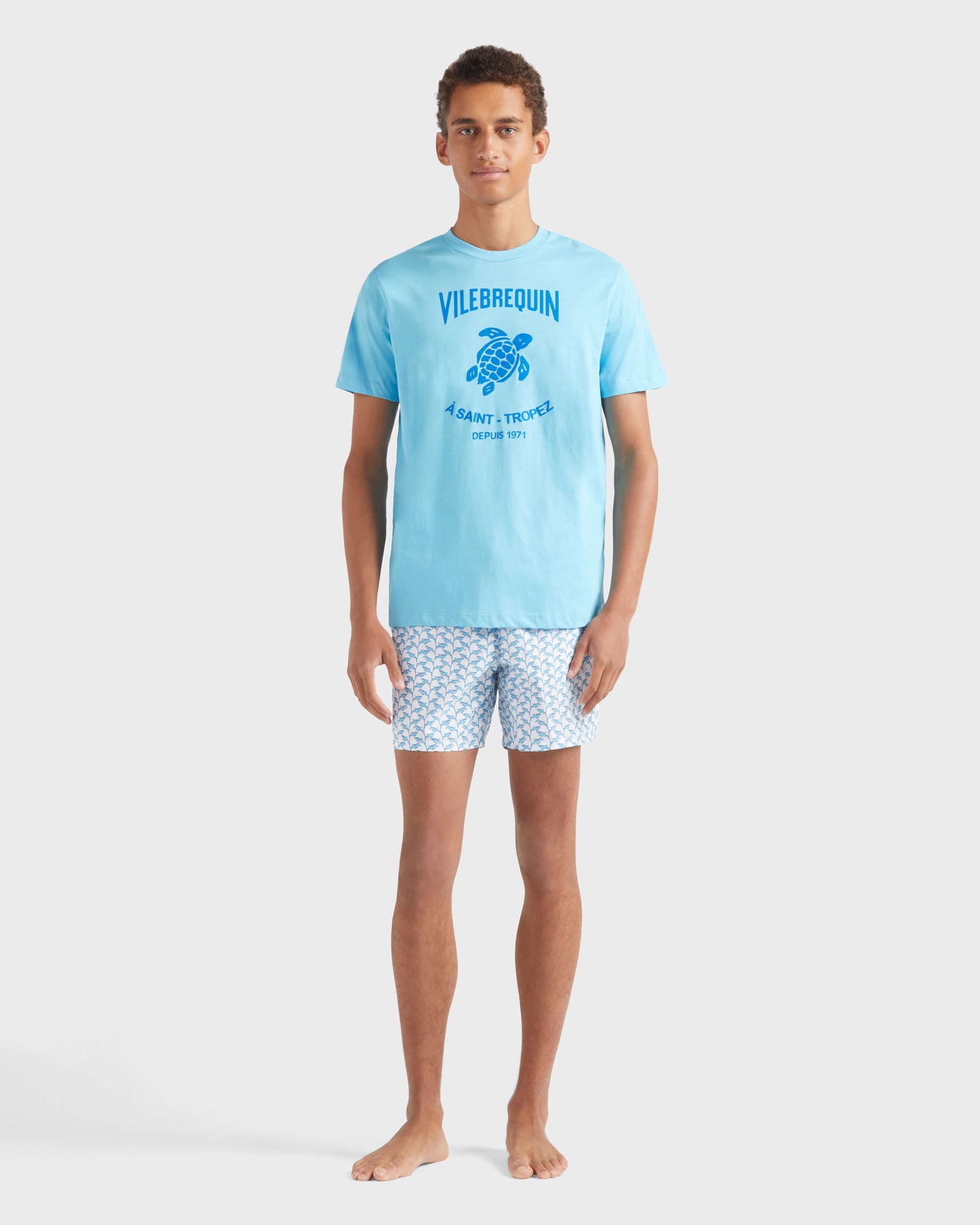 Vilebrequin Men Cotton T-shirt Contrasted Placed Gomy Logo - Blue topaz