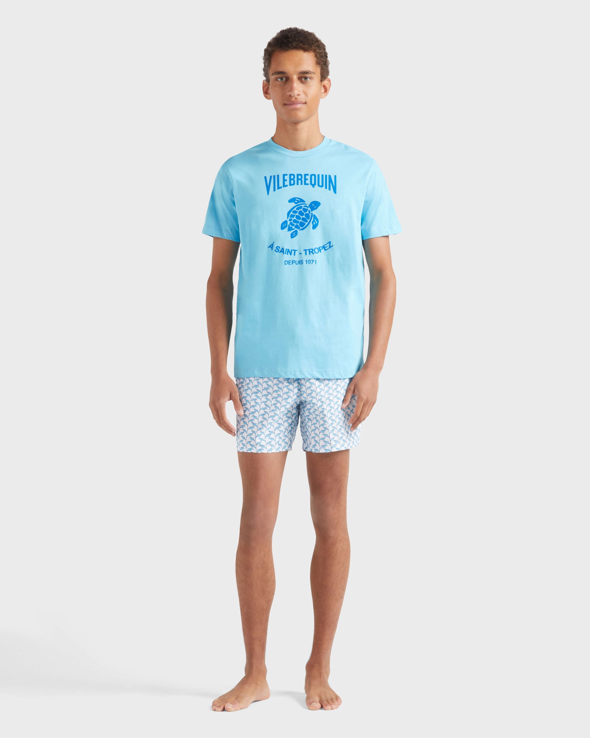 Vilebrequin Men Cotton T-shirt Contrasted Placed Gomy Logo - Blue topaz