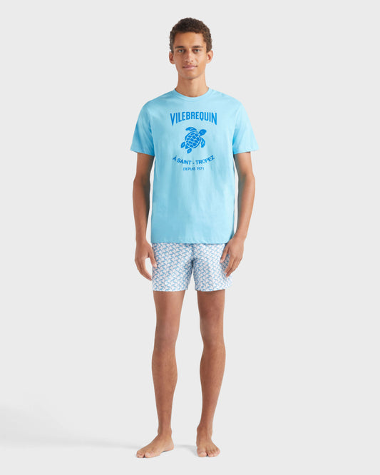Vilebrequin Men Cotton T-shirt Contrasted Placed Gomy Logo - Blue topaz