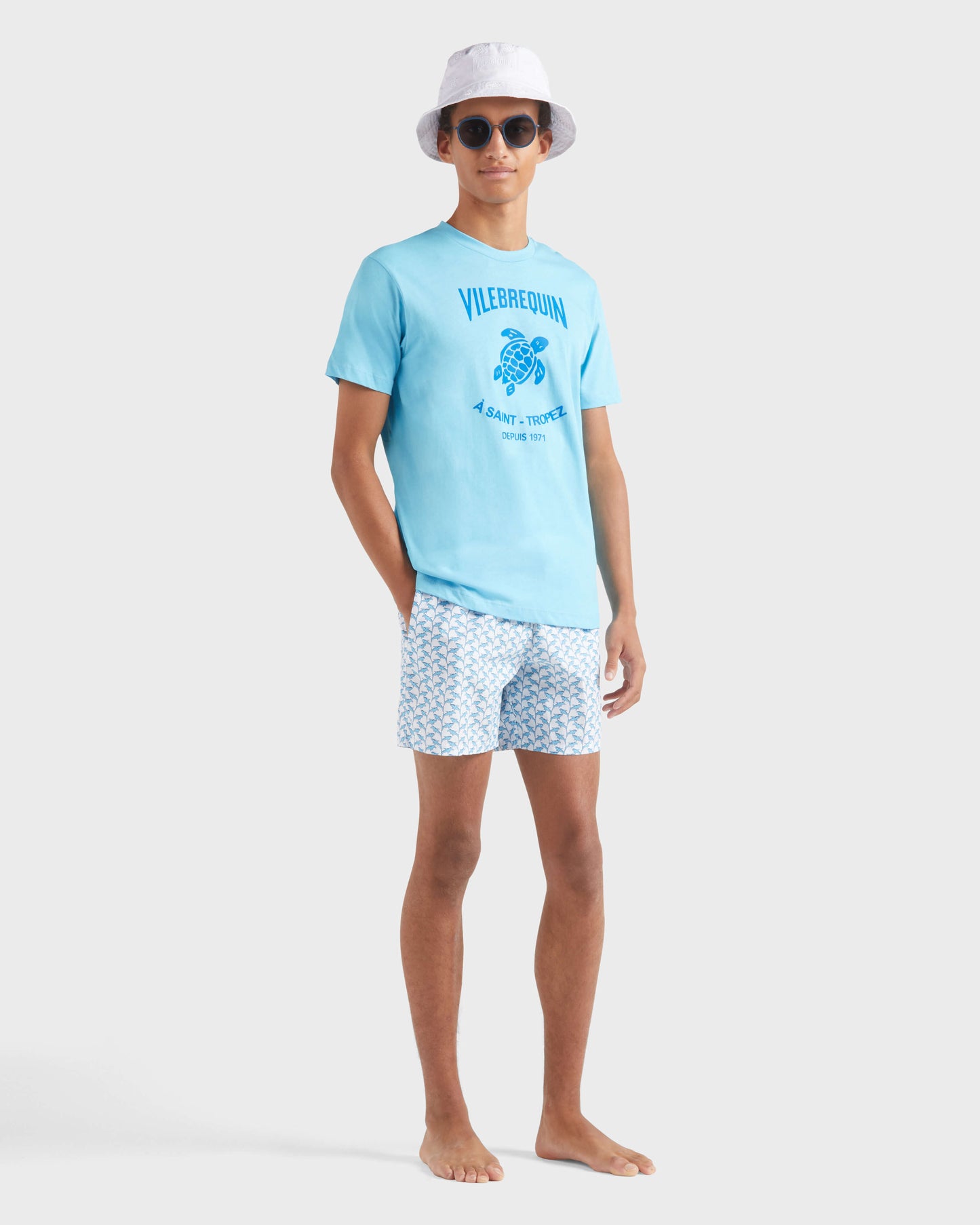 Vilebrequin Men Cotton T-shirt Contrasted Placed Gomy Logo - Blue topaz
