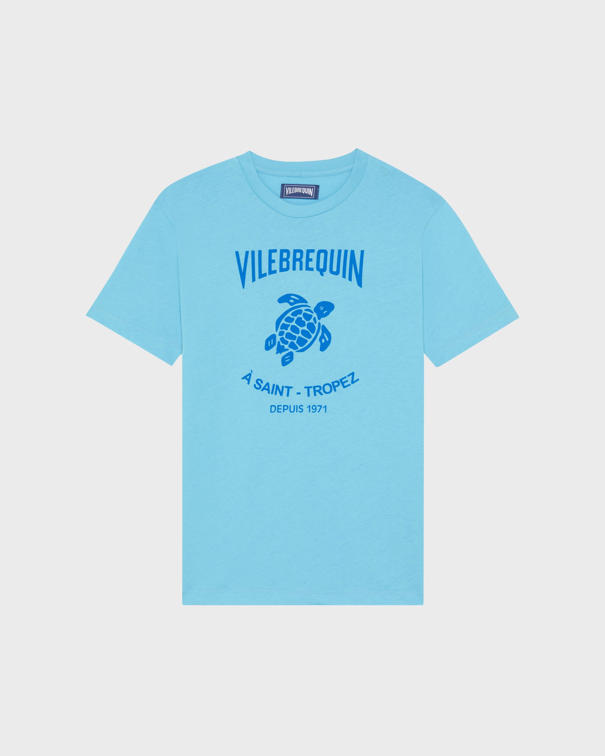 Vilebrequin Men Cotton T-shirt Contrasted Placed Gomy Logo - Blue topaz