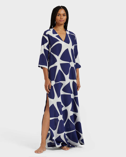 Vilebrequin Women Long Silk Crepe De Chine Kaftan Big Flowers - Blue Midnight