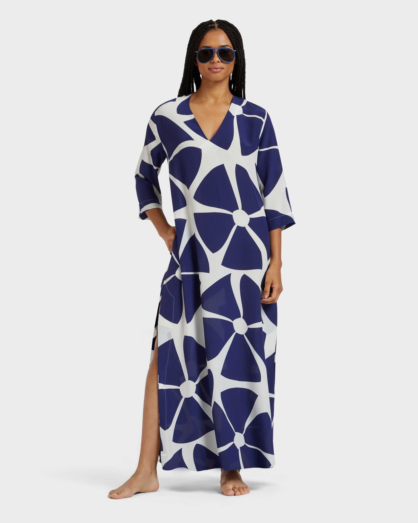 Vilebrequin Women Long Silk Crepe De Chine Kaftan Big Flowers - Blue Midnight